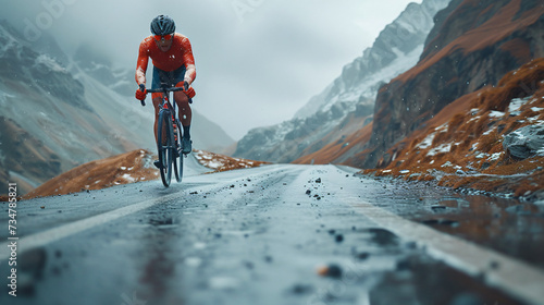 Cyclist in mountain landscape.