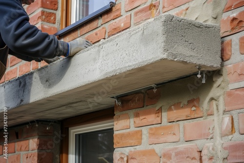 builder installing a concrete lintel over a brick window opening