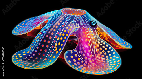 The colorful seashell of the turpin cuttlefish is made of thousands of evenly spaced round dots in glow in dark neon colors on a dark background created with Generative AI Technology