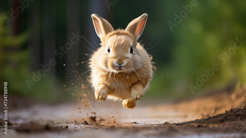 cute bunny rabbit is running and jumping on the dirt road created with Generative AI Technology