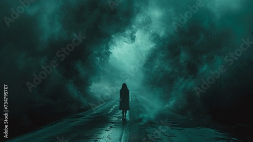 暗い道を歩く女性の後ろ姿,Generative AI AI画像