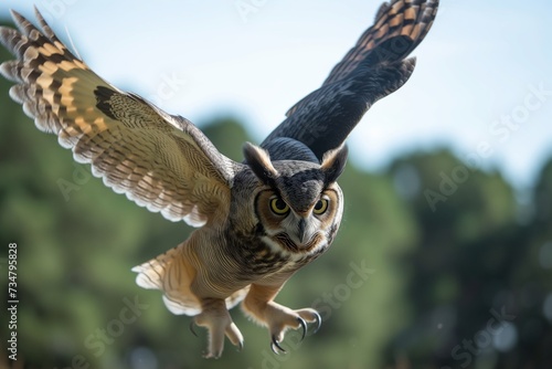 owl gliding directly towards camera, talons poised for landing