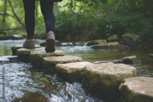 person walking on stepping stones over a forest spring