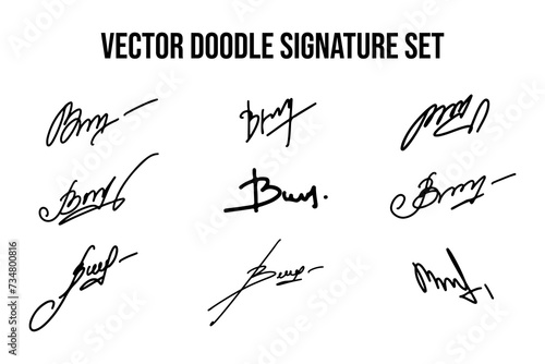 Set of unique fictitious handwritten autograph doodles. Fake signature collection on B letter. Scrawl lettering for business, signing of documents, certificates and contracts.