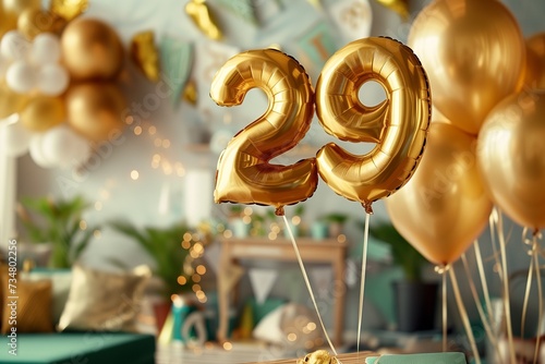 29. Geburtstag, "29" aus goldenen Heliumballons vor festlichem Hintergrund