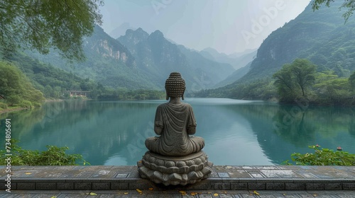 湖の上に座るブッダ像,Generative AI AI画像