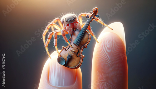 A whimsical image of a spider playing a violin perched on a human finger, showcasing a surreal blend of macro photography and digital art.Digital art concept. AI generat