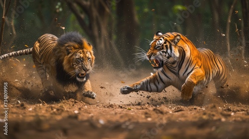 Lion and tiger engaged in a fierce battle in the jungle - AI Generated Digital Art