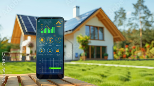 Smartphone with energy consumption analytics on screen, displayed in front of an eco-friendly house with solar panels.