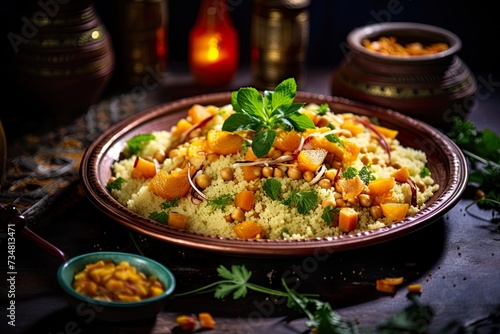 Moroccan couscous with vegetables and herbs on a dark rustic wooden background