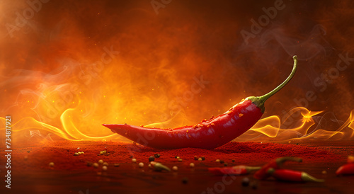 Hot red chili pepper on fire background