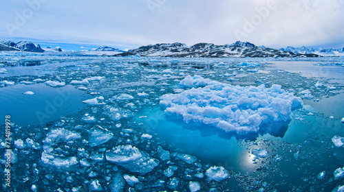 Iceberg, Blue Ice floes, Drift floating Ice, Snowcapped Mountains, Albert I Land, Arctic, Spitsbergen, Svalbard, Norway, Europe