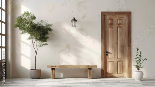 empty apartment with a bench and wooden door on white wall