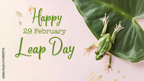 A green frog jumps on a pastel spring background with the text "Happy Leap Day". Top View. February 29th leap year day concept