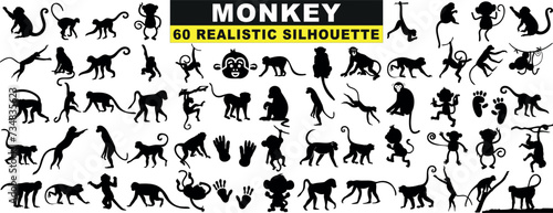Monkey Silhouette Collection, 60 unique, realistic poses. Ideal for design, vector art, graphics. Enhance creative projects with these detailed, high quality images. Versatile use in print, web design