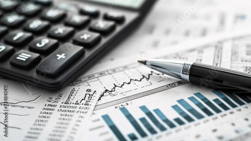 Financial accounting stock market graphs, pen, analysis calculator