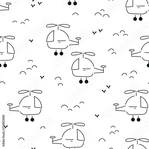Cute Cartoon Helicopter and Clouds Seamless Pattern for Baby Boy. Line Art Flying Helicopters. Black and White Pattern for Kids Fashion. Vector illustration.