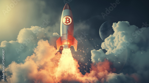 Rocket with bitcoin sign on it going to the moon, symbol of bull market in cryptocurrencies environment