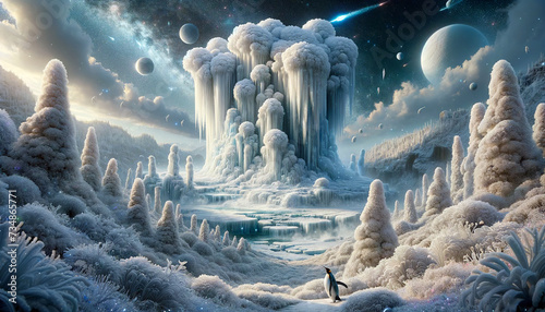 A fantastical winter landscape with towering ice formations, frosted trees, a penguin, and distant planets visible in the sky, suggesting an otherworldly frozen realm.Digital art concept. AI generated