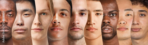 Collage made of cropped close-up portraits of different young men of various age and nationality, looking at camera. Equality. Concept of human diversity, emotions, youth