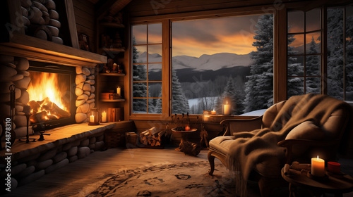 Rustic Log Cabin Fireplace in Snowy Forest