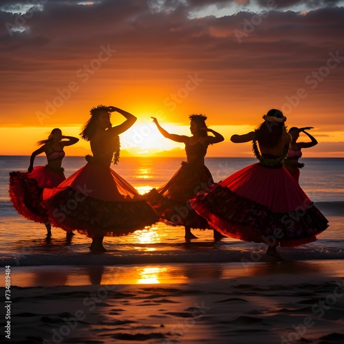 AI generated illustration of female dancers performing against a picturesque sunset at beach