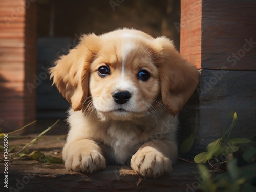 Cute Golden Retriever puppy sitting on the ground in the park, world puppy day
