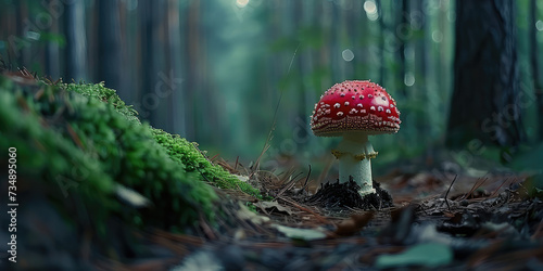 Solitary Amanita Mushroom in Forest. A vibrant red Amanita mushroom stands alone amid autumn leaves on the forest floor.