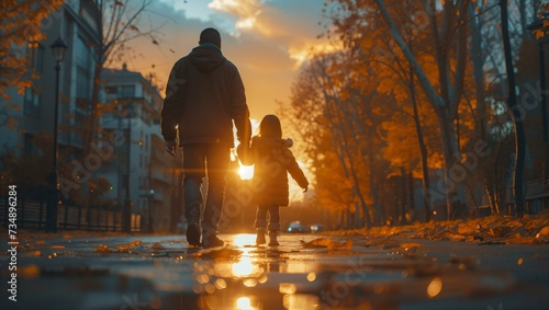 Back view of a man walks hand in hand with his daughter home in the evening