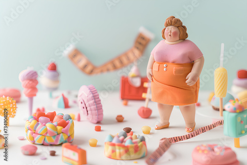 お菓子を食べ過ぎた肥満の女性（3D）
