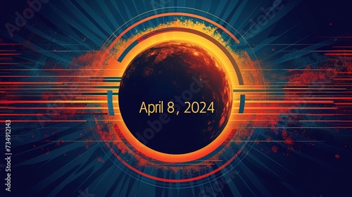 Digital art of the April 8, 2024 solar eclipse with abstract purple and orange brush strokes on a black background. Generative AI 