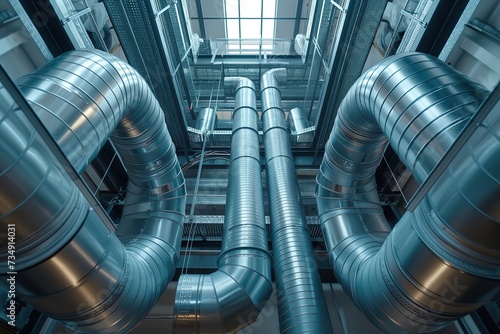 A photograph of a sizable metal pipe inside a building, showcasing a part of the HVAC system in a domestic environment.