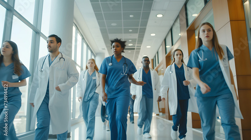 team of doctors in the hospital, young doctors, dressed in white and blue uniforms walking in a clinic hall, their attention diverted elsewhere as if in a hurry, Generative AI 