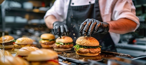 Chef Preparing Gourmet Burgers in a Busy Restaurant Kitchen. Generative ai