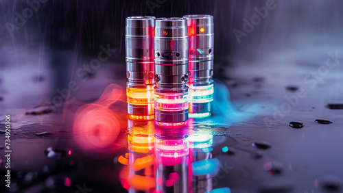 Colorful electronic cigarette vaporizers with LED lights reflected on a wet surface, representing a modern smoking alternative.