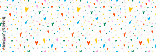 Hand drawn simple sprinkle seamless pattern. Bright color confetti, hearts on white background. Vector Illustration for holiday, party, birthday, invitation.