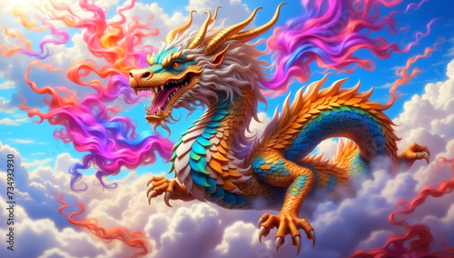 A Chinese dragon in rainbow colors