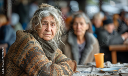 Positive elderly homeless woman , a homeless cafe. Urban poverty and hunger concept. Street lifestyle and survival.