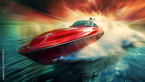 High-speed red powerboat racing on water with dynamic motion blur effect. speed, power, and excitement. fast water transport. AI