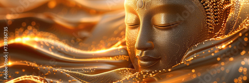 close-up of the head of a buddha figurine, gold with shimmer, religion of Buddhism, smooth waves with bokeh, empty background for text, banner