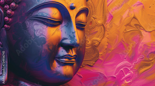 close-up of the head of a buddha figurine, multi-colored purple with strokes of watercolor paint, painted blurred background with bokeh, empty space for text
