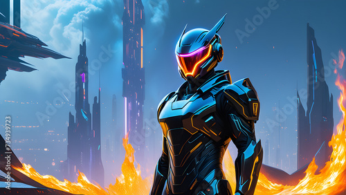 a man in a futuristic suit standing in front of a fire cyberpunk art by robert ultra hd 