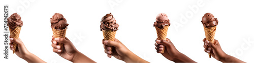 Collection of hand holding chocolate ice cream cone isolated on transparent background, PNG
