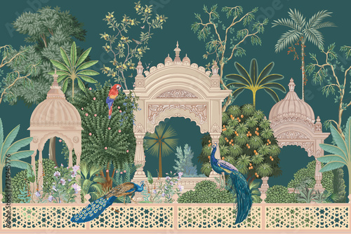 Mughal garden with peacock, parrot, plant and botanical tree landscape illustration pattern
