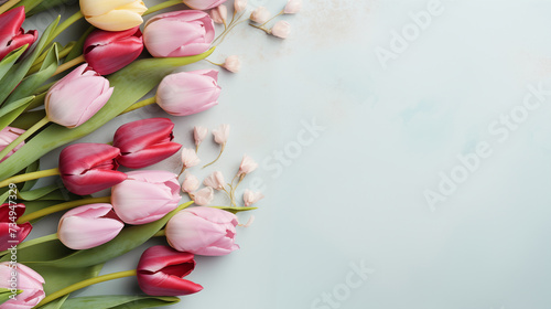 Spring calm Serene composition of tulips and Easter eggs on a soft pastel background. Template, layout for Easter holiday card