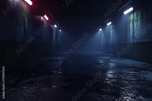 Midnight basement parking area or underpass alley. Wet, hazy asphalt with lights on sidewalls. crime, midnight activity concept