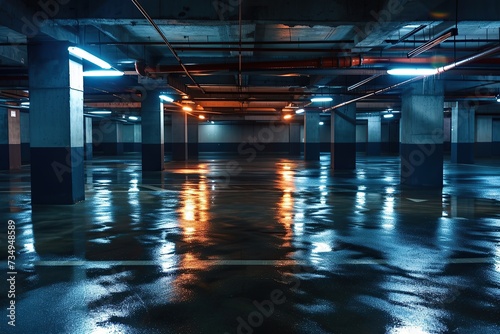 Midnight basement parking area or underpass alley. Wet, hazy asphalt with lights on sidewalls. crime, midnight activity concept