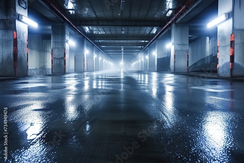 Midnight basement parking area or underpass alley. Wet, hazy asphalt with lights on sidewalls. crime, midnight activity concept