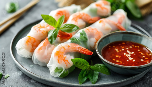 A beautifully arranged plate of fresh Thai spring rolls with shrimp vermicelli and herbs accompanied by a sweet chili dipping sauce showcasing the dishs transparency and the vibrant colors of