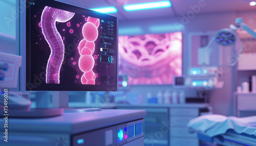 A close-up view of a holographic endoscopy monitor displaying a 3D visualization of the colon highlighting polyps with precision set in a modern diagnostic room with ambient lighting